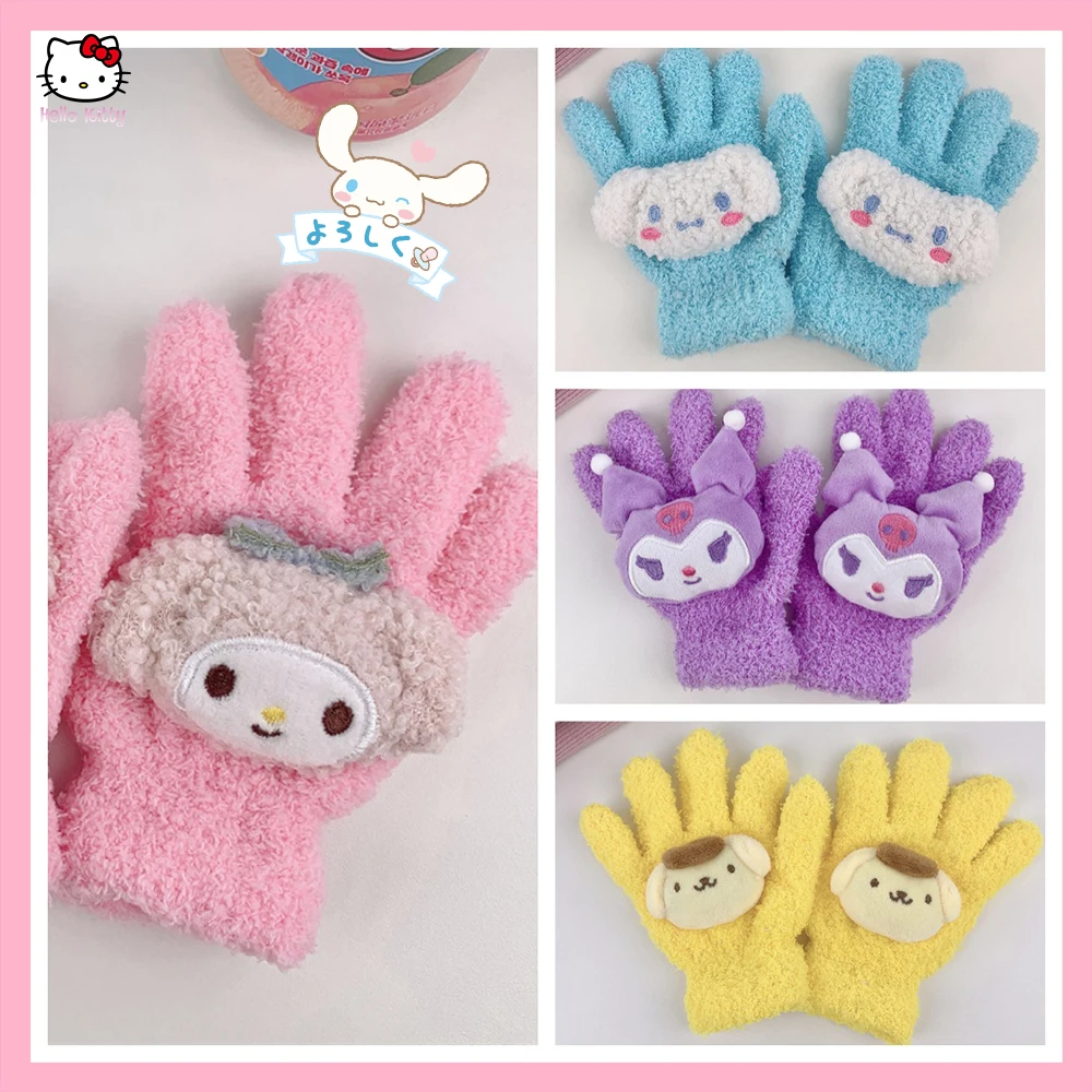 

Детские перчатки Cinnamoroll Sanrios аниме Melody Kuromi помпоны Пурины плюшевые теплые уличные перчатки с защитой от холода милые вязаные перчатки подарок