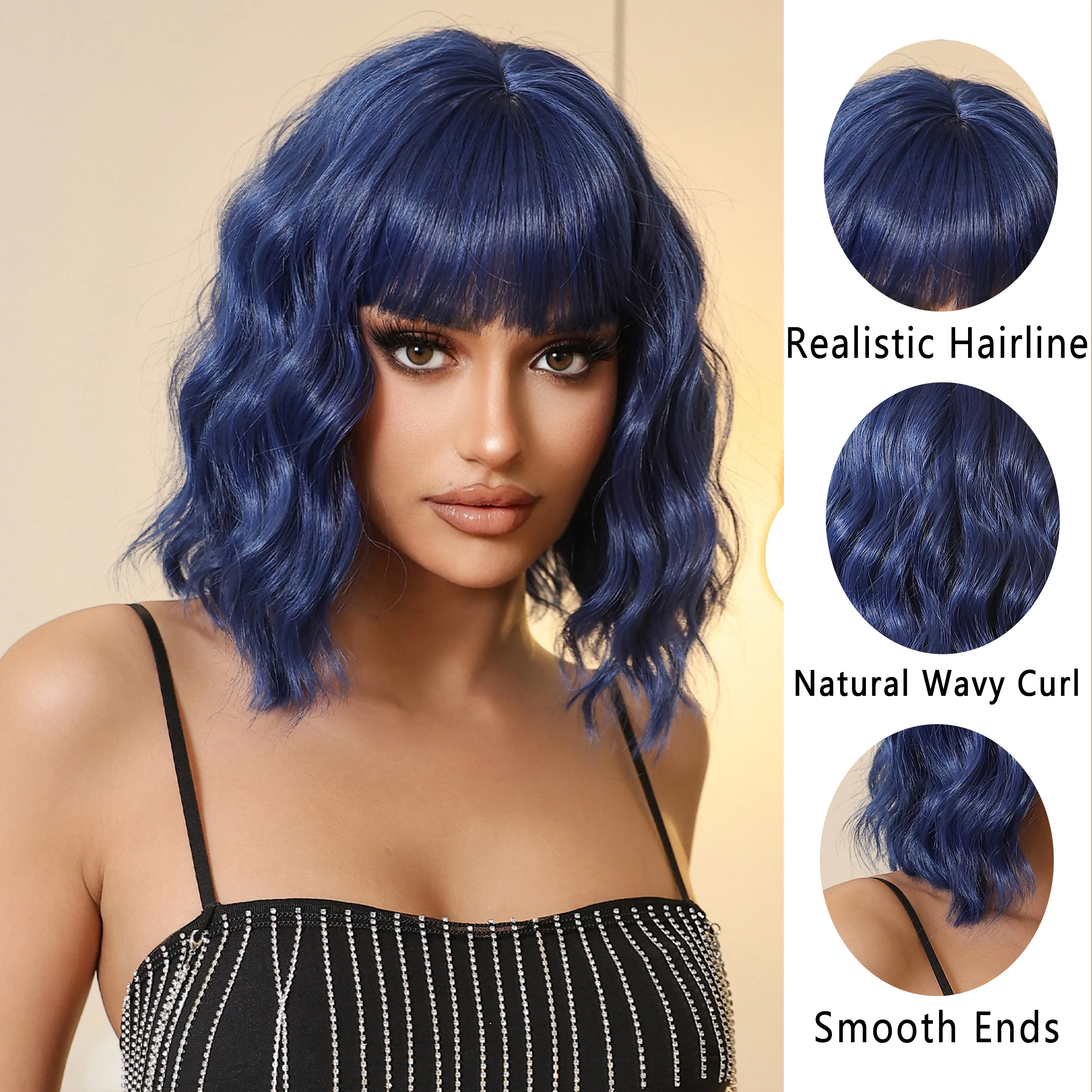 HAIRCUBE Short Bob Wigs with Bangs Blue Colorful Wavy Synthetic Wigs for Black Women Use Cosplay Heat Resistant Natural Hair