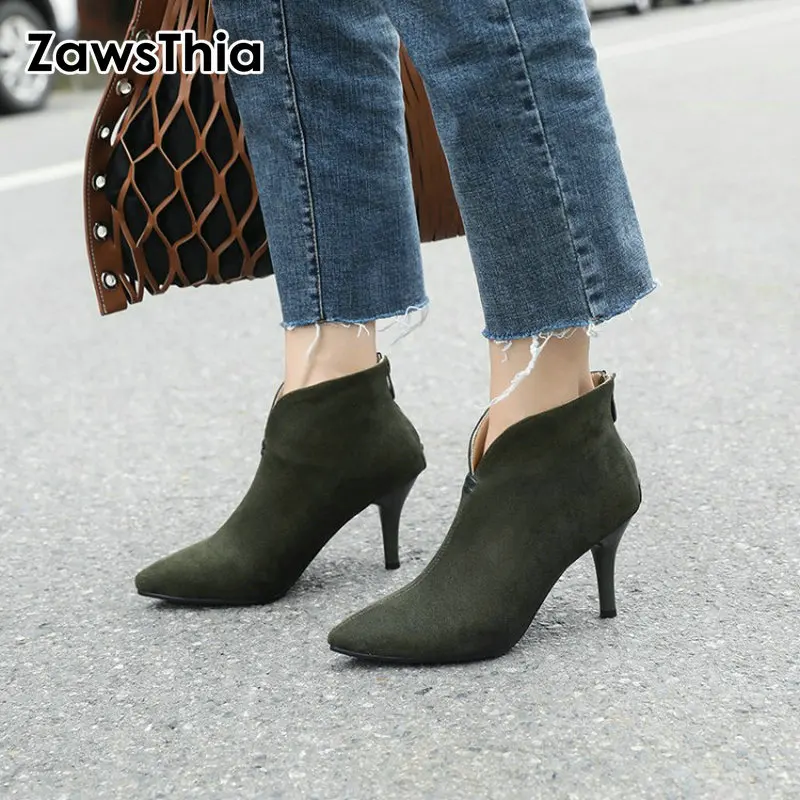 

QPLYXCO 2020 winter autumn new flock point toe sexy V cut thin high heels ladies shoes women ankle boots large size 45 46 47 48