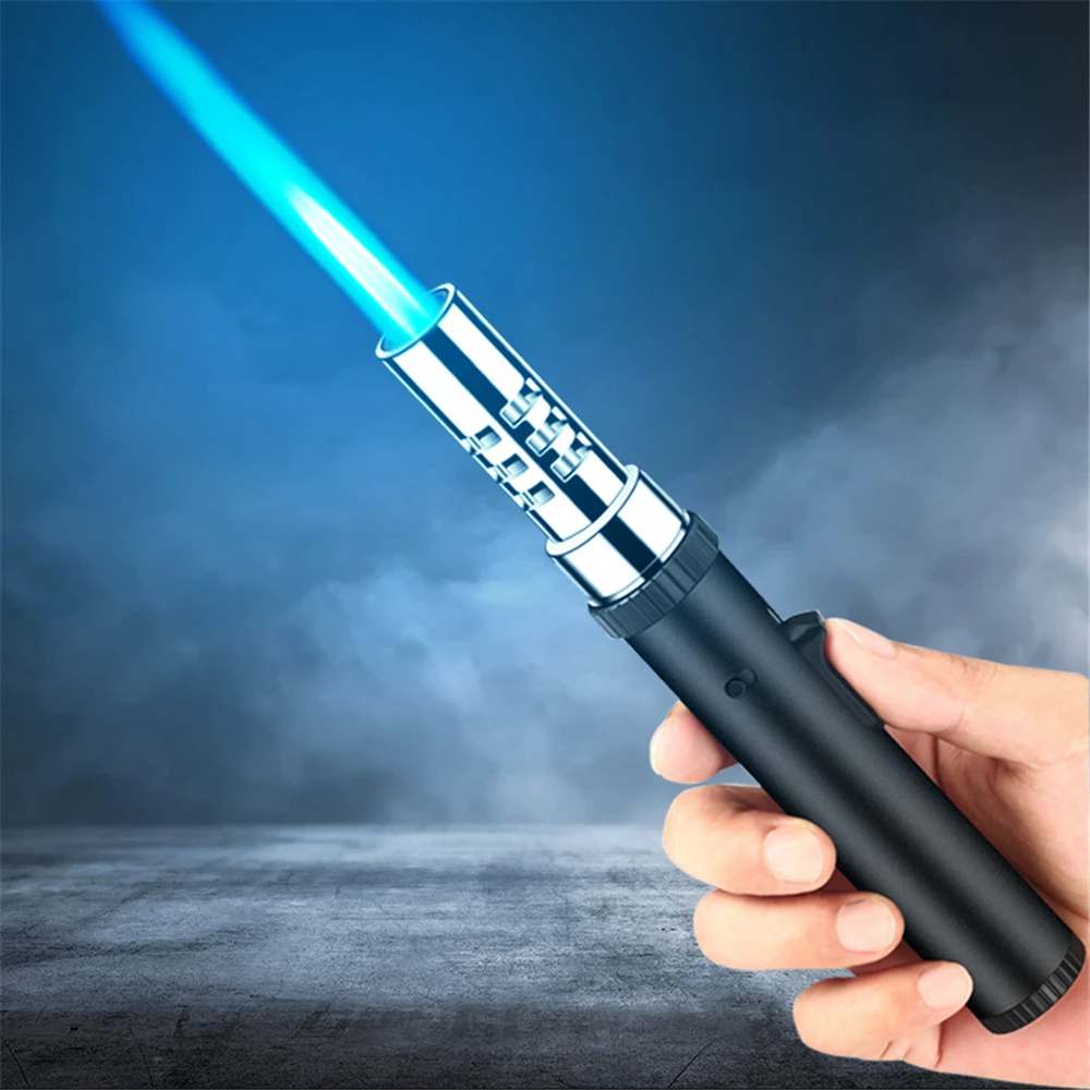 

Hot Outdoor Windproof Wind Turbine Torch Large Fire Spray Gun Metal Blue Flame Butane Gas Lighter Kitchen Barbecue High end Gift