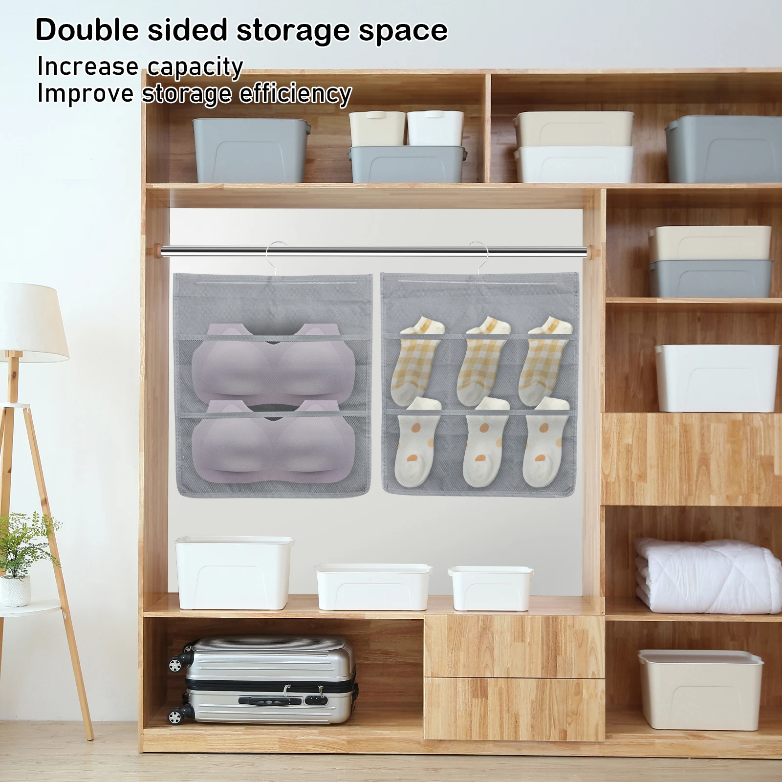 Dual Sided Storage Hanging Bag Foldable Closet Wardrobe Storage with Pockets Grid Design Wall Hanging Bra Underwear Organiser