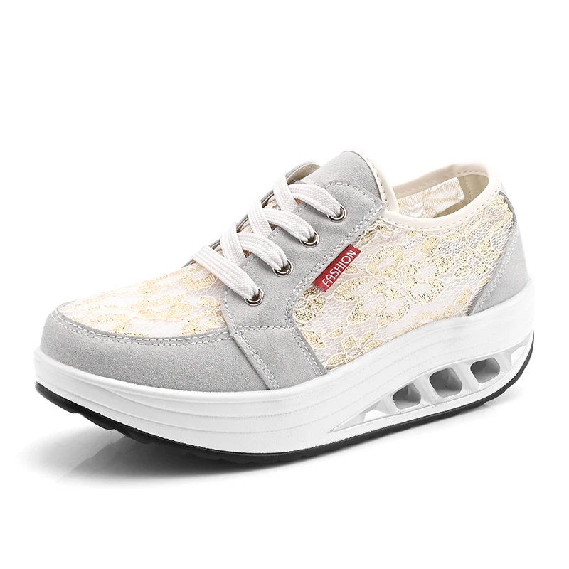 Lightweight Women Toning Shoes Lace Up Green Beige Ladies Slimming Flat Platform Swing Wedge Trainer Fitness Walking Sneaker