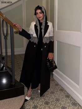 Siskakia Abayas For Woman Dubai Luxury 2025 Patchwork Lace Cardigan Hijab included Turn-down Collar Kaftan