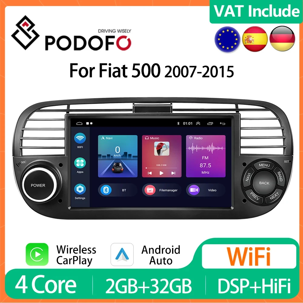 Podofo Carplay Autoradio Android Per Fiat 500 2007-2015 Lettore Multimediale 2Din Sistema Intelligente Unità Principale Ricevitore Stereo Gps