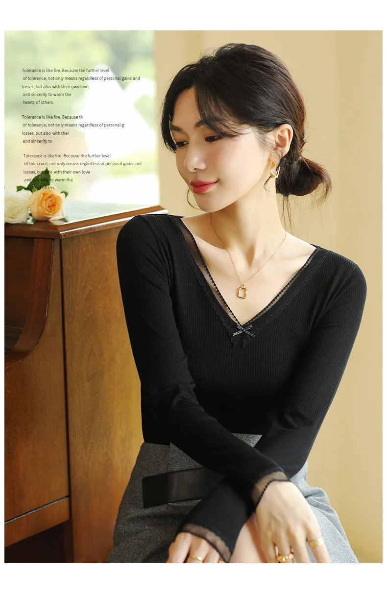 Thermal underwear women's hot silk vertical pattern bow V-neck thin slim fit wearing autumn clothes autumn pants suit women