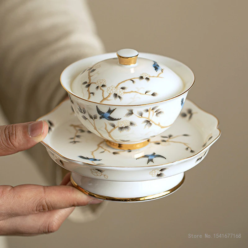 Creative Sheep Fat Jade White Porcelain Kung Fu Tea Set Cover Bowl Set Household Light Luxury High end Tea Making Cup Gaiwan