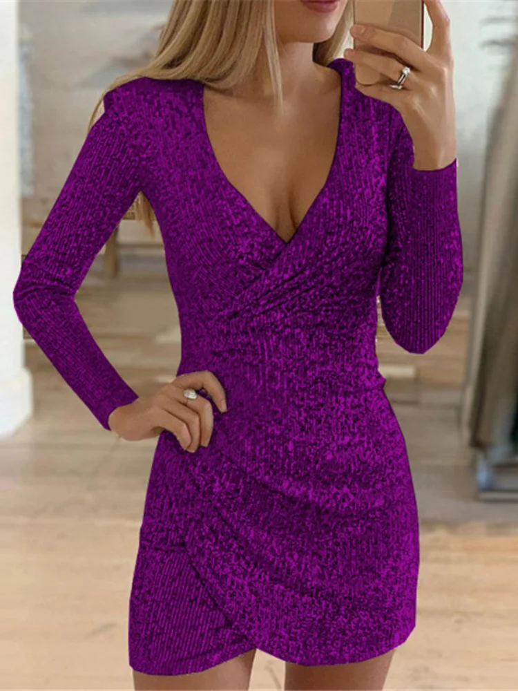 

Sequined V-neck Sexy Dress 2022 Women's Elegant Long Sleeve Bodycon Dress Purple Autumn Winter Ladies Mini Christmas Party Dress