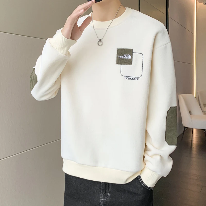 Autumn and Winter New Men's Pullover Round Neck Panel Letter Plush Thickened Fashion Casual Loose Versatile Long Sleeved Sweater