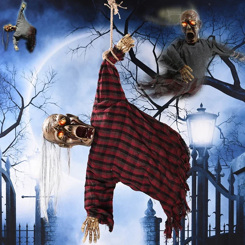 Electric Hanging Ghost Halloween Horror Decoration Long Hair Old Man Zombie Glowing Sound Toys Haunted House Party Decor Props