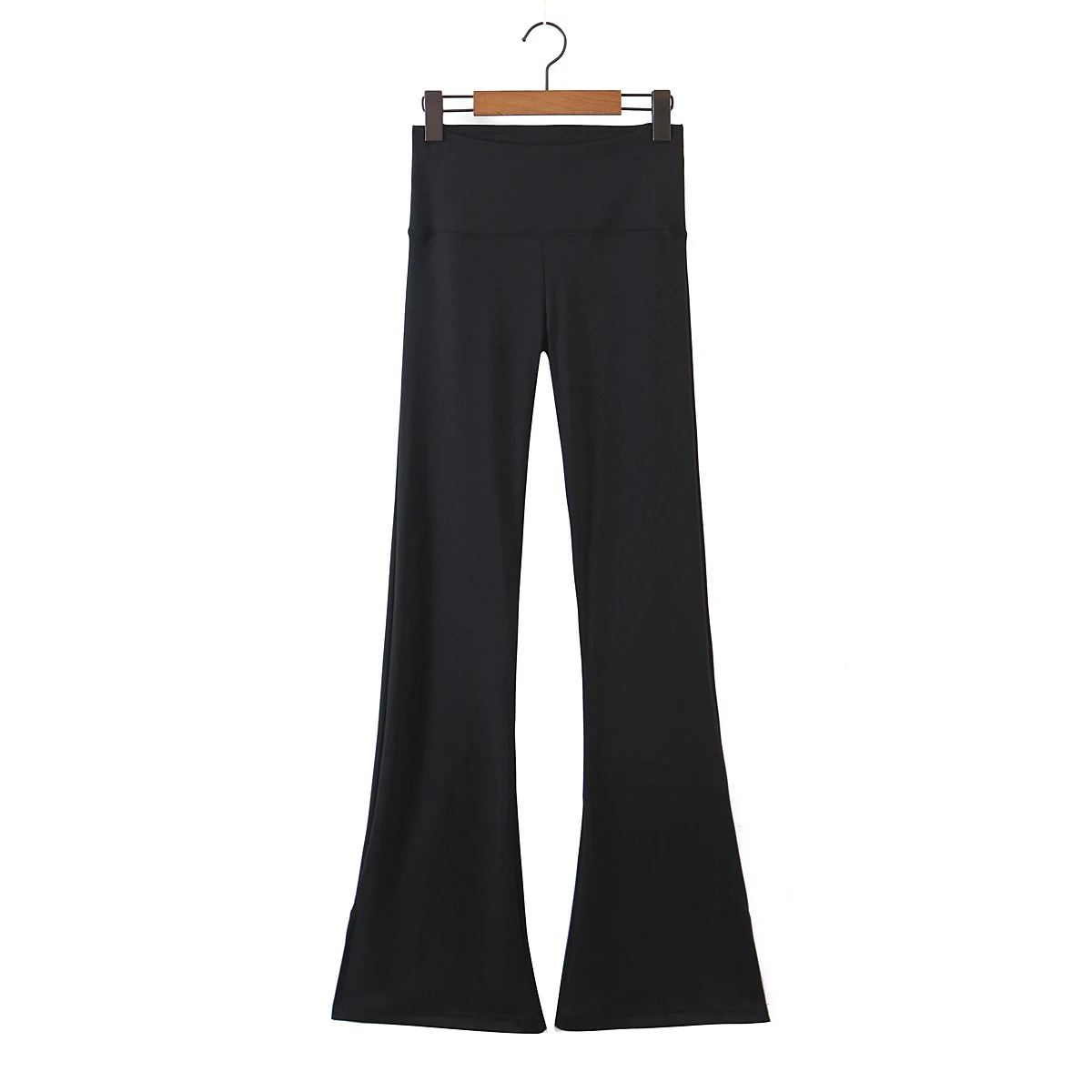 Women’s Basic Black Stretchy Flare Tights Pants Full Length Trousers With Side Slit Detail