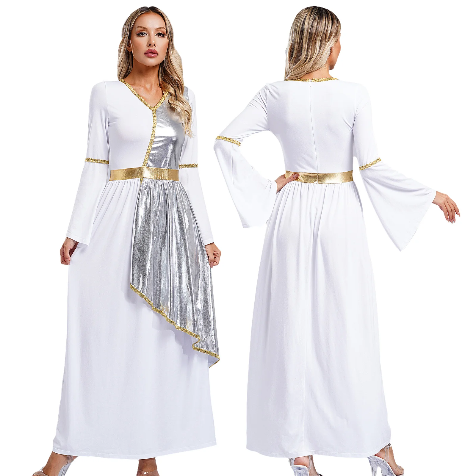 thumbnail image 1 of Vestido Toga de belleza griega romana para mujer, vestido metálico brillante con revestimiento dorado, vestido de fiesta temático Vintage, disfraz de Cosplay de Halloween, 1 of 5