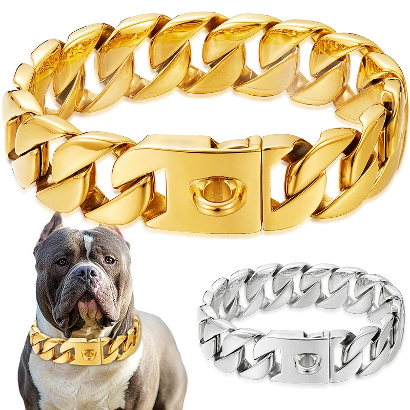 

32mm Wide Gold Dog Chain Collars Heavy Strong Stainless Steel Dog Choker Pitbull Gold Dog Necklace For Large Dogs