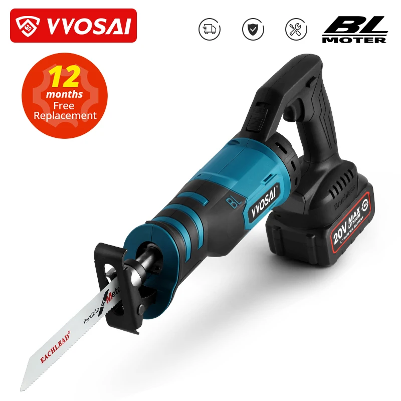 

VVOSAI 20V Electric Reciprocating Saw Adjustable Three Orientations Modes Cutting Brushless Saw Portable Cordless Power Tools