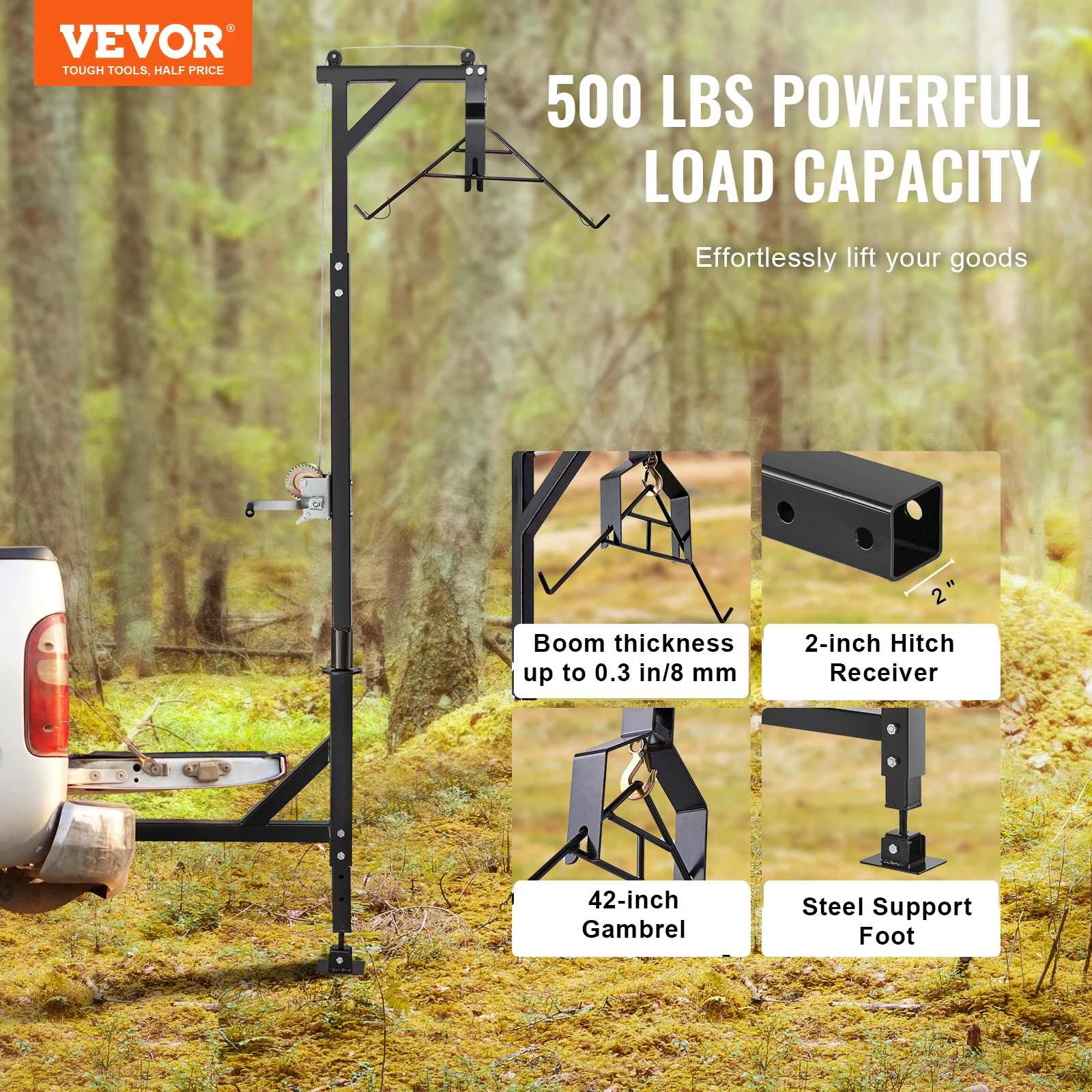 Carbon Steel Hunting Hoist Swivel Boom VEVOR 600 Lbs Truck Hitch Game ...