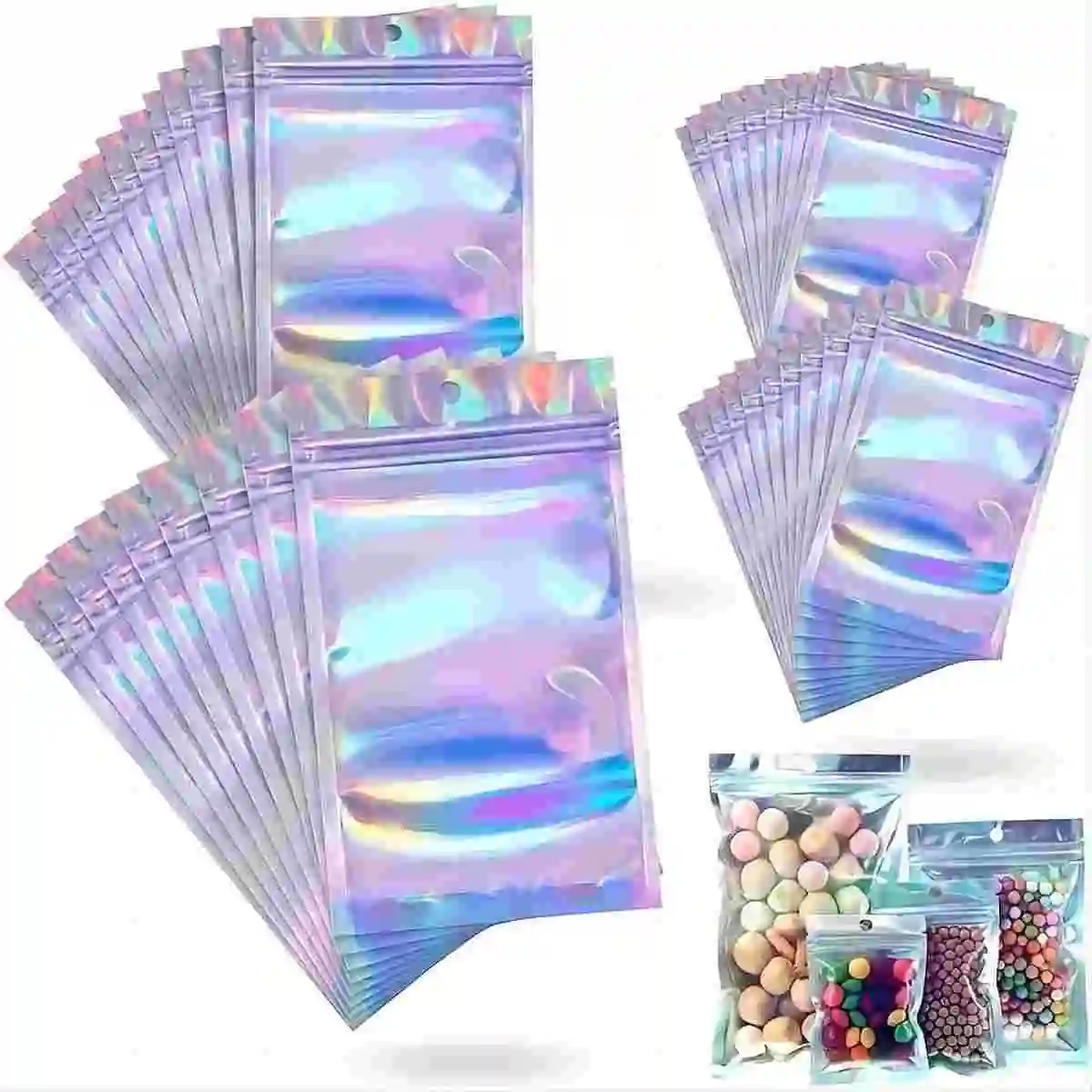 Self Sealing Bags 100-piece Holographic Bag Multi-size Laser Rainbow Pattern Self-sealing Bag Suitable for Candy Bag and Front Window Samples