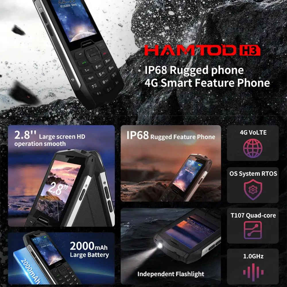 HAMTOD H3 Rugged Phone EU Version 2.8 inch T107 ARM CortexTM A7 Quad-core 1.0GHz, Network: 4G, VoLTE, BT ,SOS