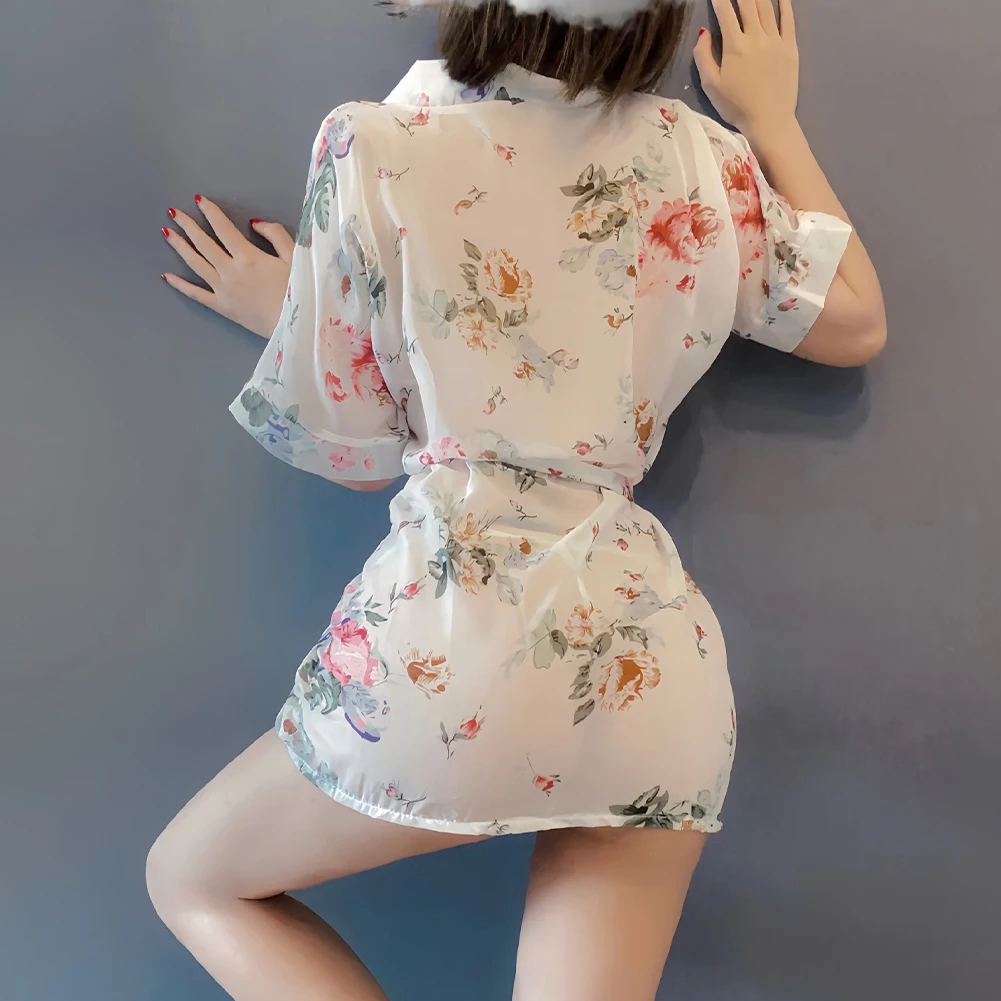 

Nightwear For Women Sexy Nightrobe Lingerie Flower Printed Nightgown Set Erotic Underwear Pajamas See-through Nightdress