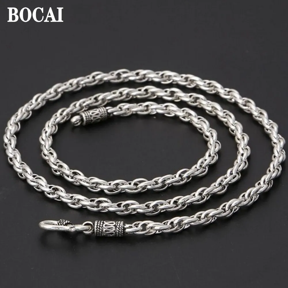 

BOCAI Wholesale New 100% Real S925 Pure Silver Jewelry Accessories Retro 4mm Twisted Twine Ssimple Man Necklace