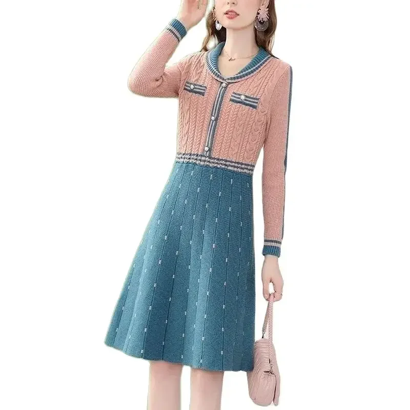 

Temperament Slim Knit Dress Female College Wind Autumn And Winter New Inside Take Medium And Long Fashion A-Line Dress E157