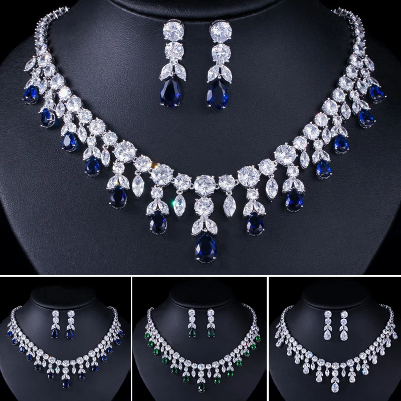 

New Luxury Water Drop AAA Cubic Zirconia Jewelry Set Green Crystal Pendant Tassel Necklace Earrings Bridal Banquet Accessories