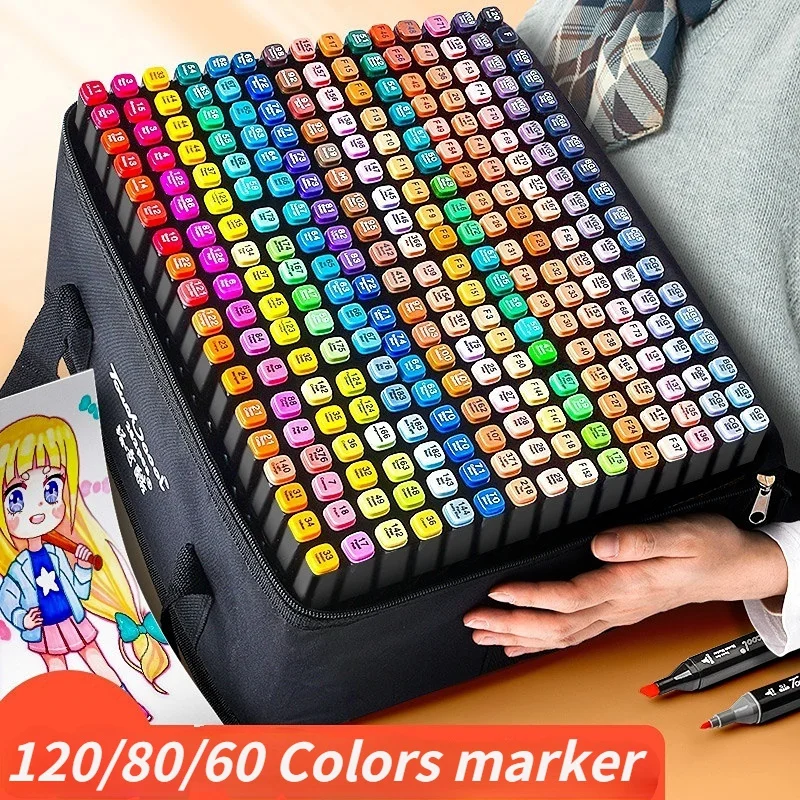 12/40/60/80/120pcs Dual Tips Alcohol Based Art Marker Set Coloring Drawing Sketching Permanent Brush Markers For Adult & Kids