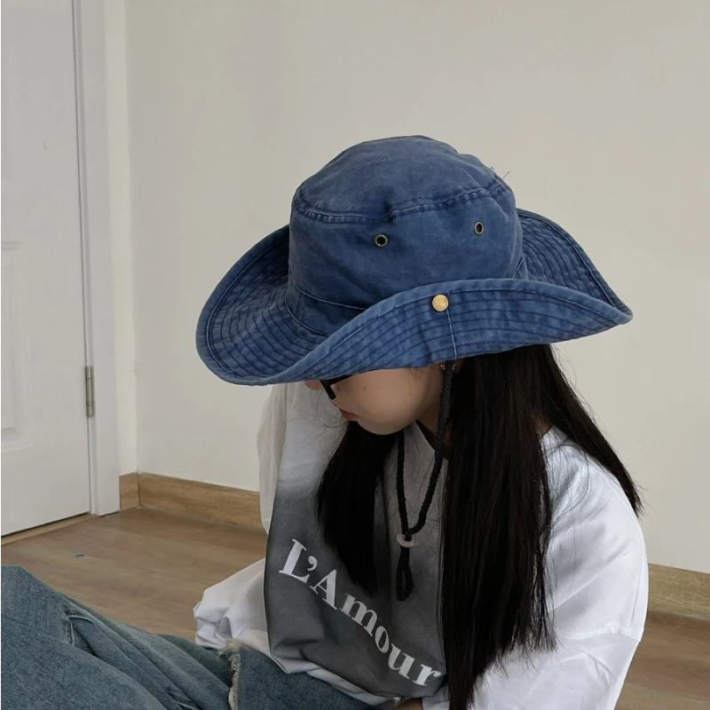 Chapeau en denim rétro délavé pour femmes et hommes, casquette de plage simple et respirante, chapeaux de pêche dans la jungle ander, nouveauté, été, E27