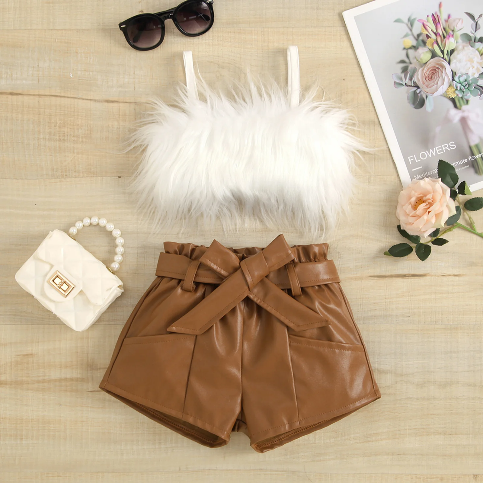 

2022 2-7y Baby Girl Clothing Fashion Kids Fake Fur White Sleeveless Crop Top+pockets Leather Short Pants with Belt Summer 2pcs