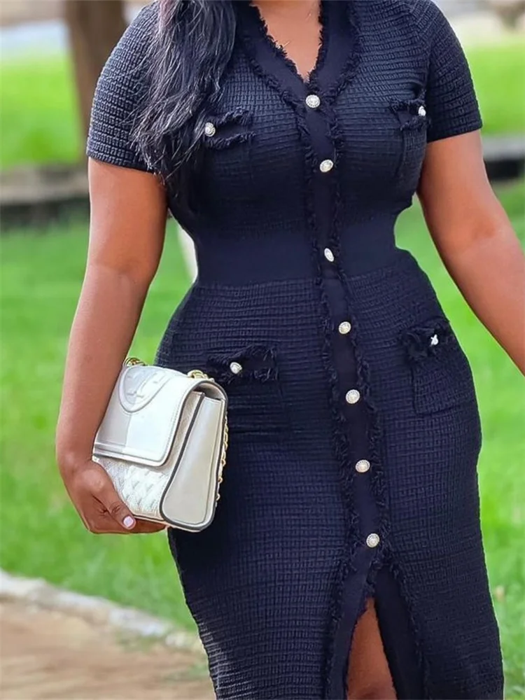 Wmstar Women Dresses Wholesale Summer Short Sleeved, Waist Cinching V-neck Knitted Dress Women's Volleyball Button Elegant Dress