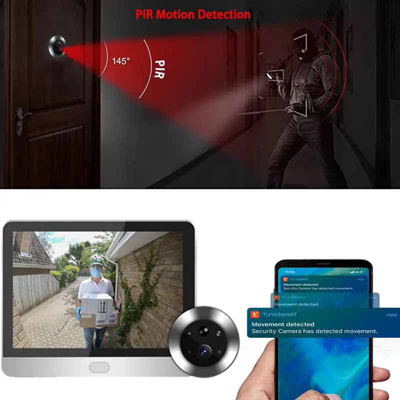 Tuya 4.3 palec WIFI kukátko 3MP chytrá život dveře kamera noc PIR telefon bezdrátový security-protection pro chytrá domácí