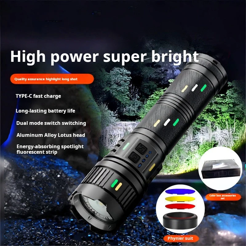 LED flashlight, high-brightness spotlight, USB rechargeable, long-distance variable focal length, emergency flashlight, for outd