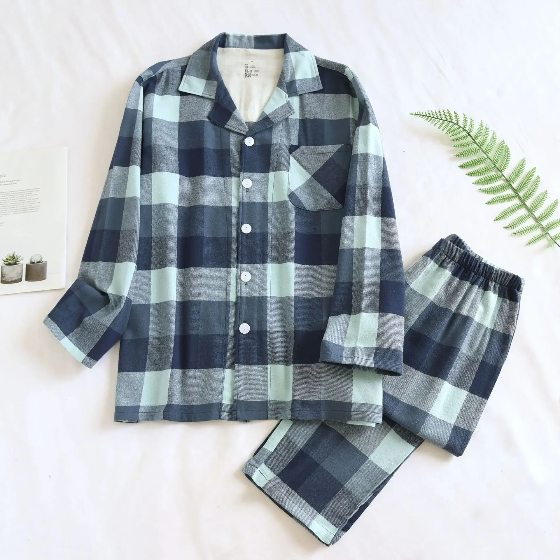 

Хлопковый дизайнерский теплый мужской пижамный комплект для весны, осени и зимы, домашняя одежда большого размера с начесом, комплект брюк с длинным рукавом