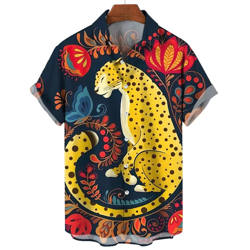 thumbnail image 1 of Camisa de manga corta con estampado 3D de leopardo y tigre para hombre, camisa informal de moda de verano, camisa de calle de gran tamaño, 1 of 4