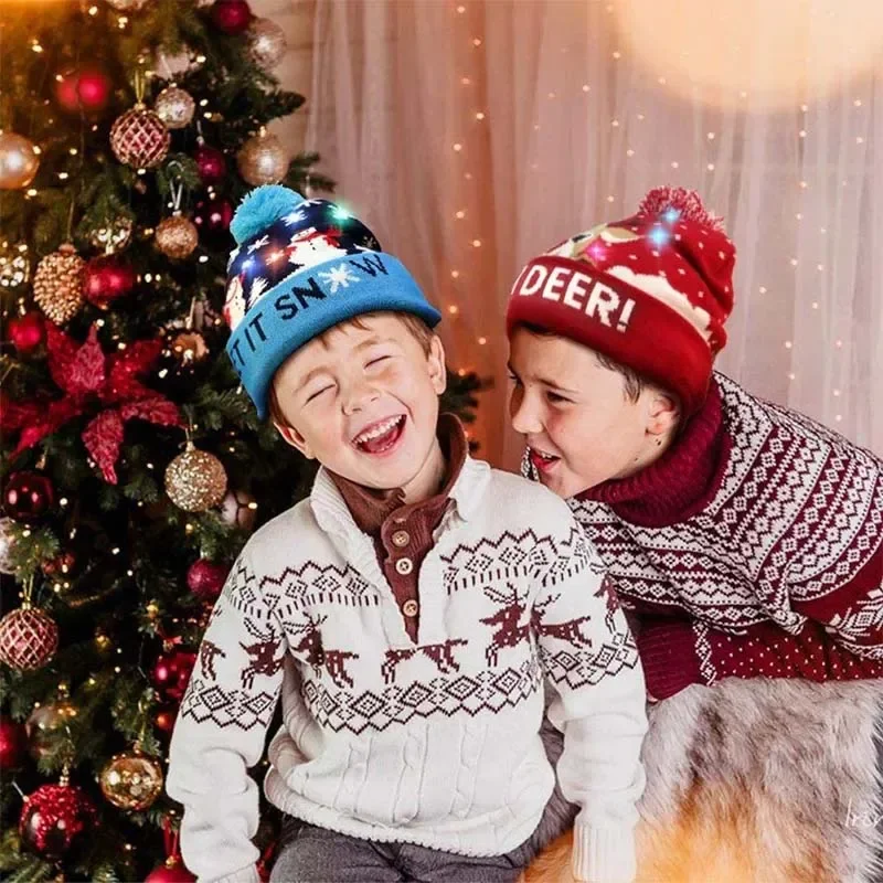 Christmas Hat with Led Light Knitted Beanie for Kids Xmas New Year