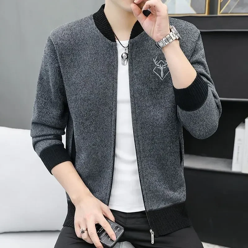Fashion Knitted Pockets Zipper Embroidery Cardigan Sweaters Men's Clothing 2024 Winter New Oversized All-match Warm Tops