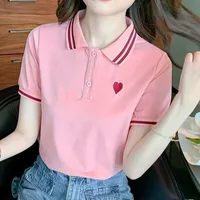 Polo Neck Shirt for Women100℅ Cotton  Woman T Embroidery Button Graphic Slim Korean Clothing Trend 2025 Youthful Elegant Style - Image 2