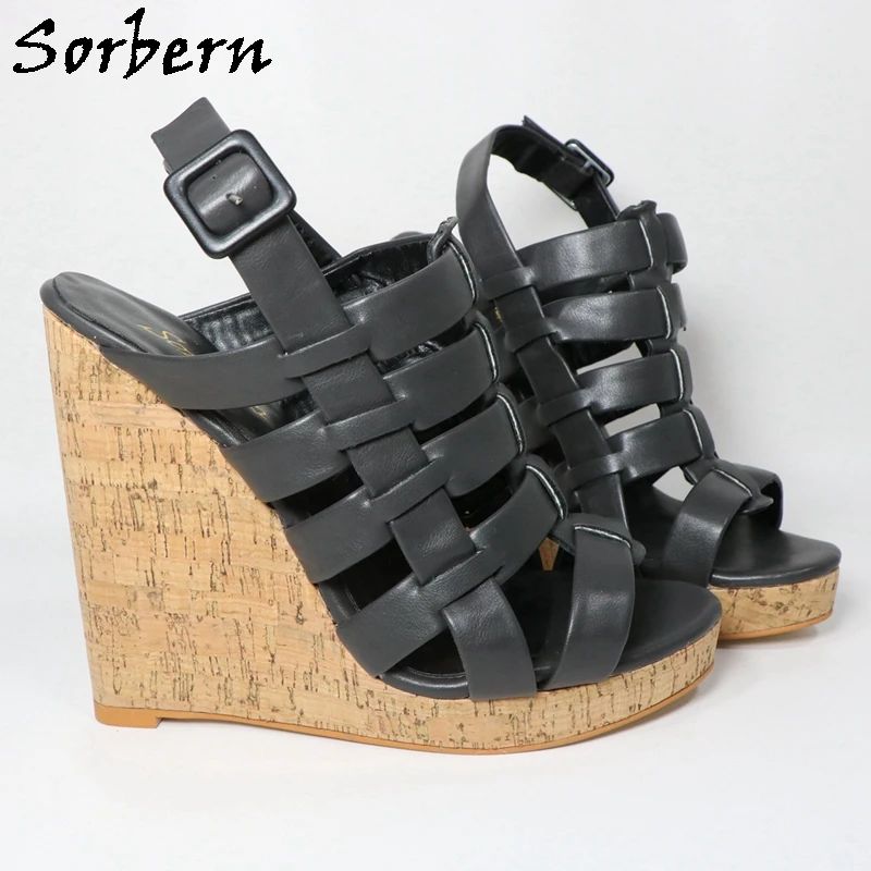 Sorbern Black Matte Wedge Sandals For Women Multi Straps Slingback Cork Platform Summer Shoes Multi Colors
