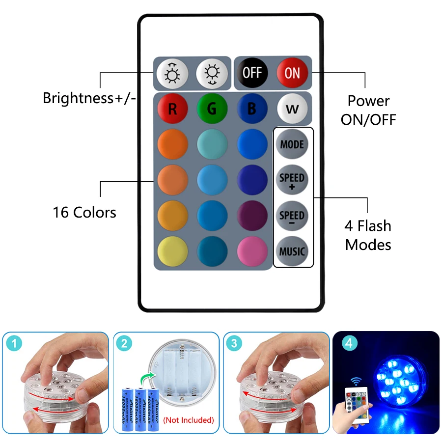 Underwater Light 10 LED RGB Underwater Lights with Magnetic Suction Cups 16 Color Lights Fish Tank Pool Underwater Lighting Plant Grow