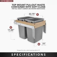 Double Pull Out Under Cabinet Trash Can w/Soft-Close, 35 Qt Garbage Bin for 15" x 1.5" Face Frame, Silver 2