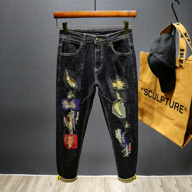 

Новые мужские тяжелые рваные джинсы с вышивкой, Стрейчевые зауженные прямые брюки, уличные рабочие джинсы