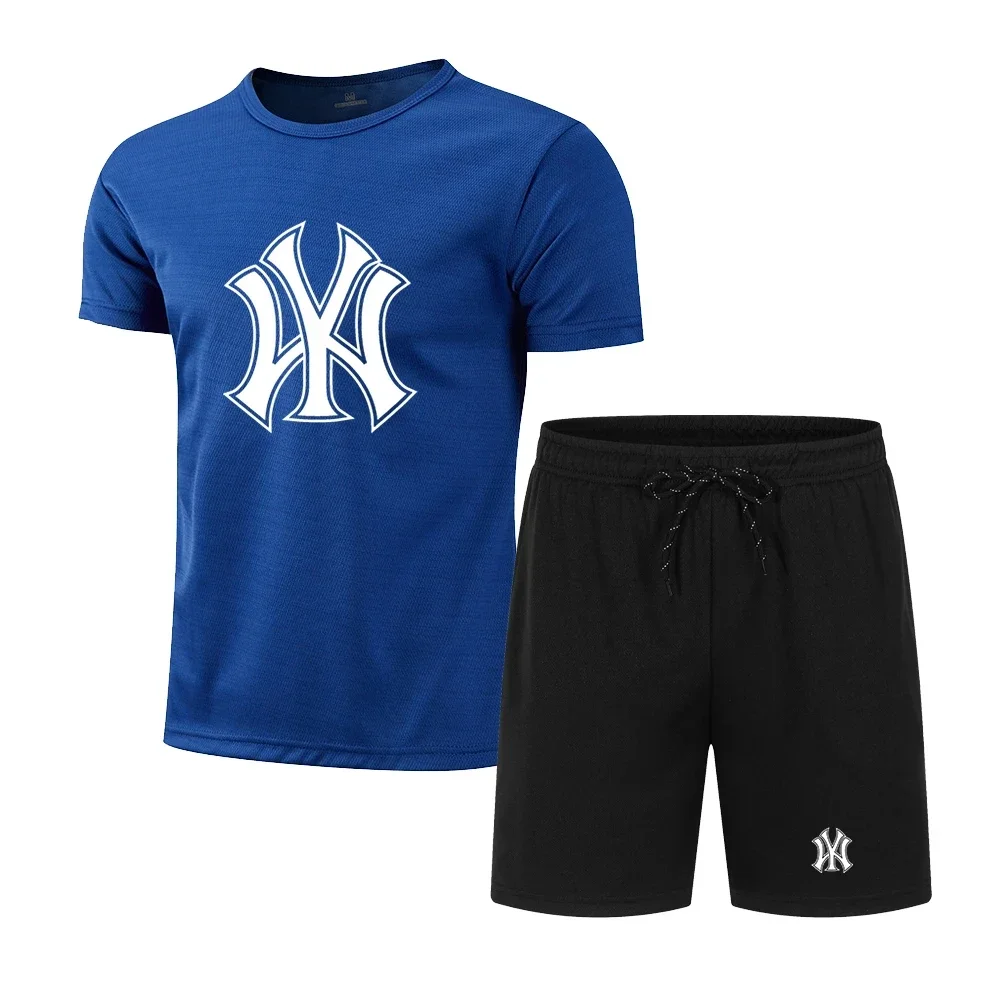 New summer men's crewneck printed T-shirt + shorts two-piece short-sleeved tracksuit quick-dry jogging fitness suit