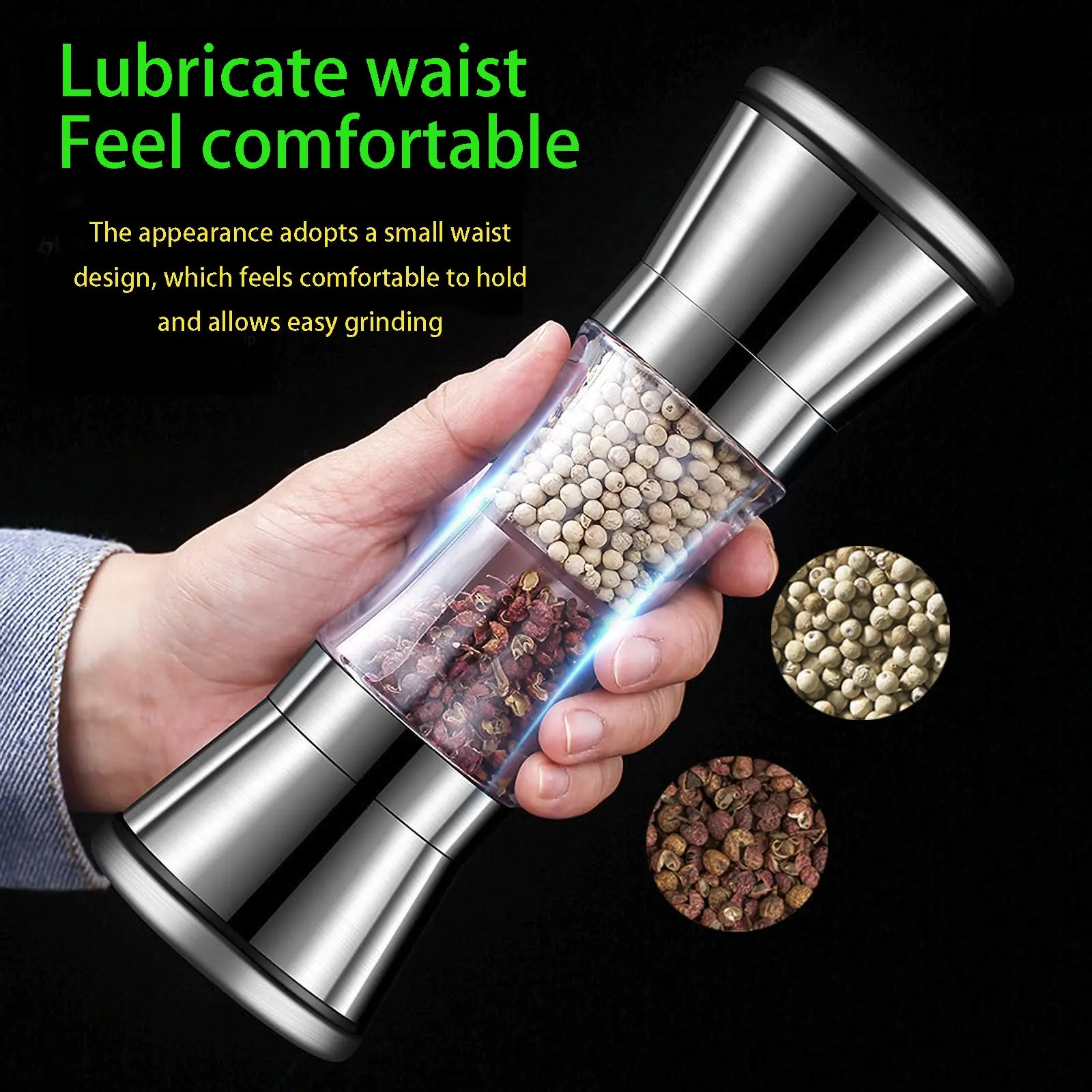 Salt and Pepper Grinder 2-in-1 Adjustable Pepper Salt Grinder Rustproof Stainless Steel Manual Mill Double Heads Coarseness Control