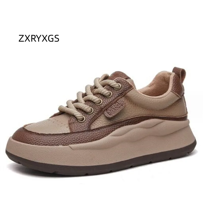 

ZXRYXGS 2023 New Spell Color Lace-up Genuine Leather Sneaker Casual Shoes Flat Thick Sole Versatile Student Sneakers Women Shoes