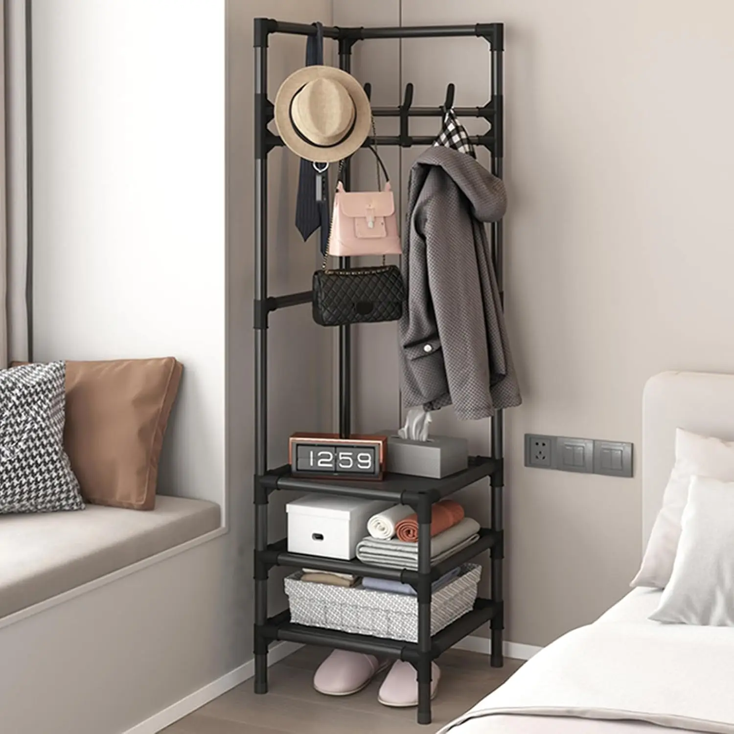 multifunctional coat stand. Divided into different positions,high-efficiency storage. Suitable for placing bags,clothes, scarves