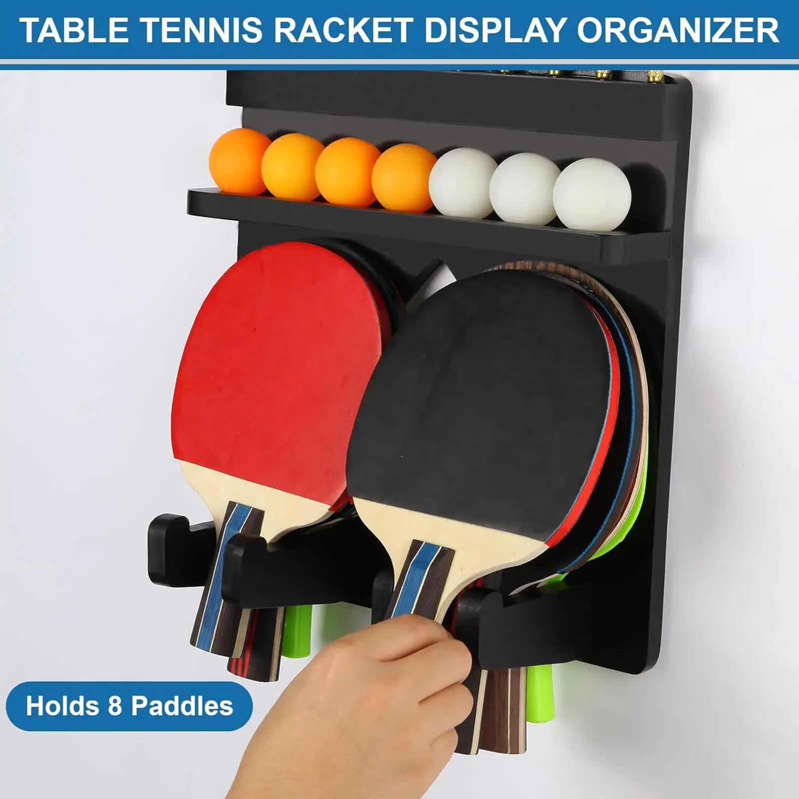 Paddle Holder Storage Rack for Table Tennis Racket for Bar with Ping Pong Ball Storage Holds 8 Paddles Wood Wall Rack