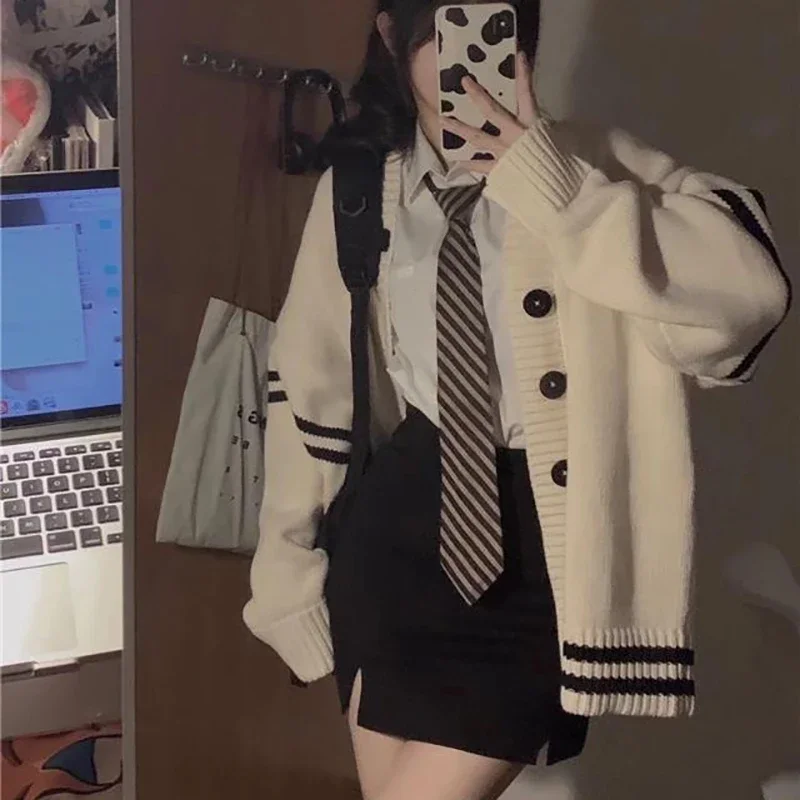 Striped Loose Cardigan Women Y2K Vintage Autumn Winter Single Breasted Sweater Streetwear Casual Korean Female Knitted Coat
