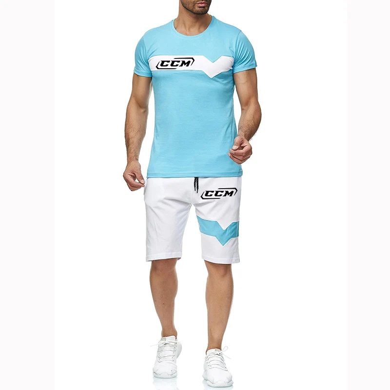 CCM brand printing summer popular men's T-shirt+shorts striped suit men's sports suit casual fashion short sleeve T-shirt suit m