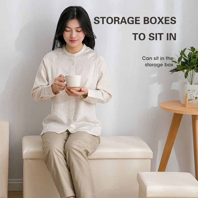 3-In-1 Foldable Pu Leather Storage Stool Multifunctional Home Storage Box Shoe Change Stool Toy Clothes 76x38x38cm