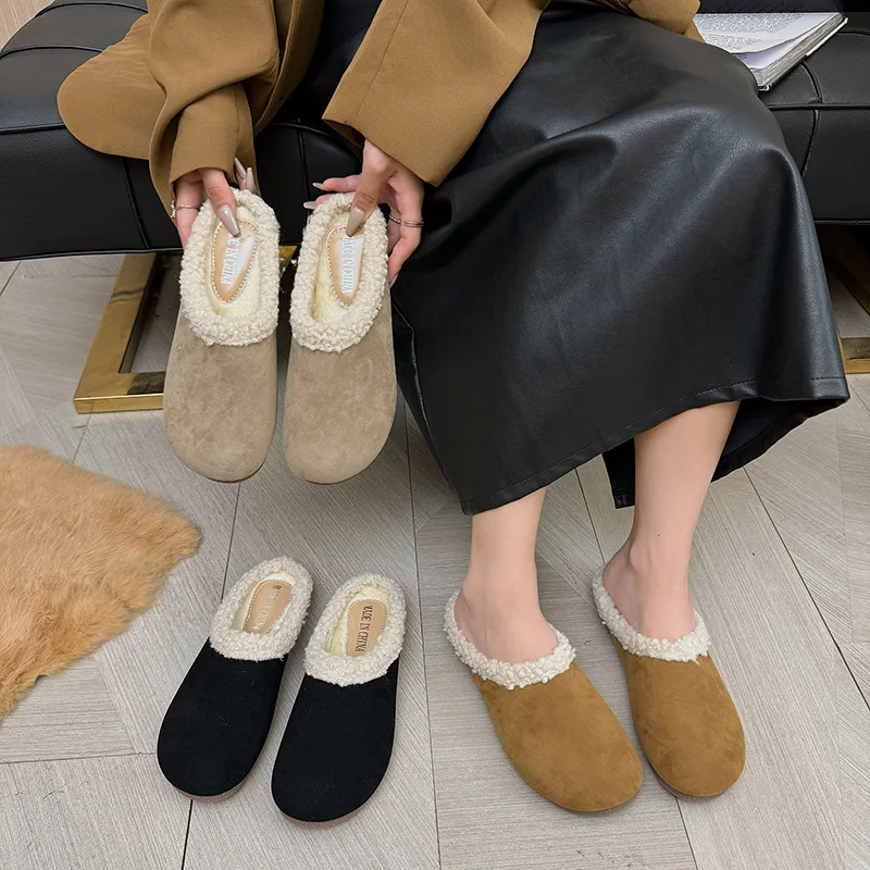 2025 Autumn New Thick-soled Wool Shoes with One Foot, Flat-bottomed Lazy Bag Head and Half Slippers, Women