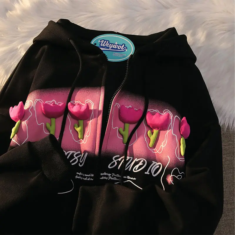 

2023 new Korean niche tulip patch plus velvet cardigan zipper sweater women's autumn and winter new all-match couple jacket Y2K