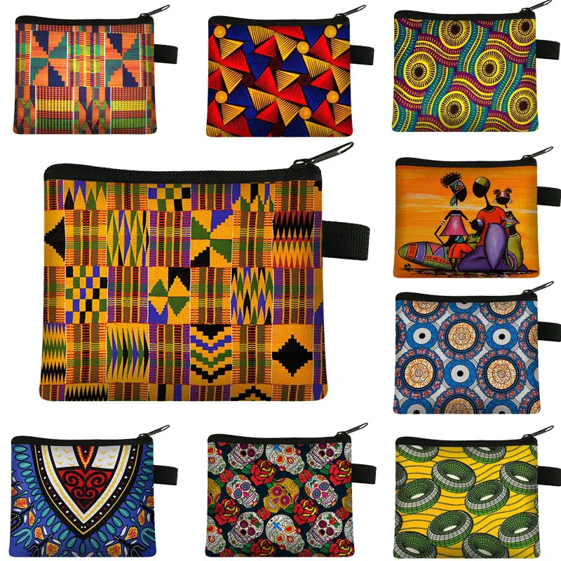 

African Print Women Key Coin Purse Mini Cute Zipper Girl Coin Wallet Ladies Portable Wallet Afro Dancer Credit Card Pouches